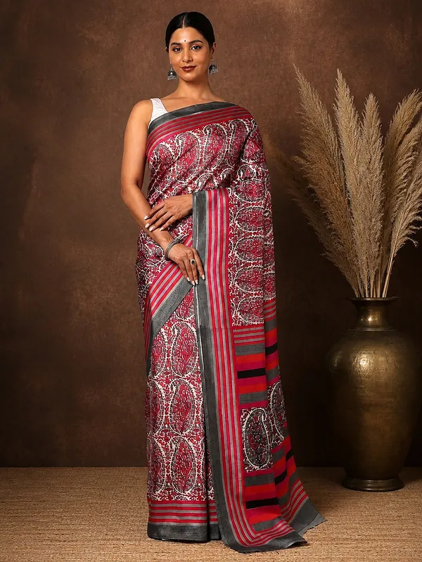 Red_Paisley_Kashmiri_Silk_Saree,_Striped_Pallu_|_Taal