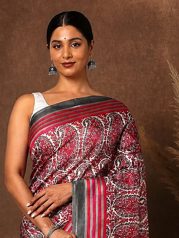 Red_Paisley_Kashmiri_Silk_Saree,_Striped_Pallu_|_Taal