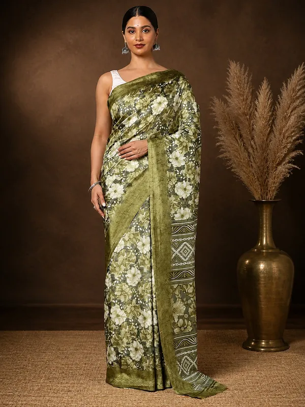 Olive_Green_Floral_&_Geometric_Kashmiri_Silk_Saree_|_Kyaari