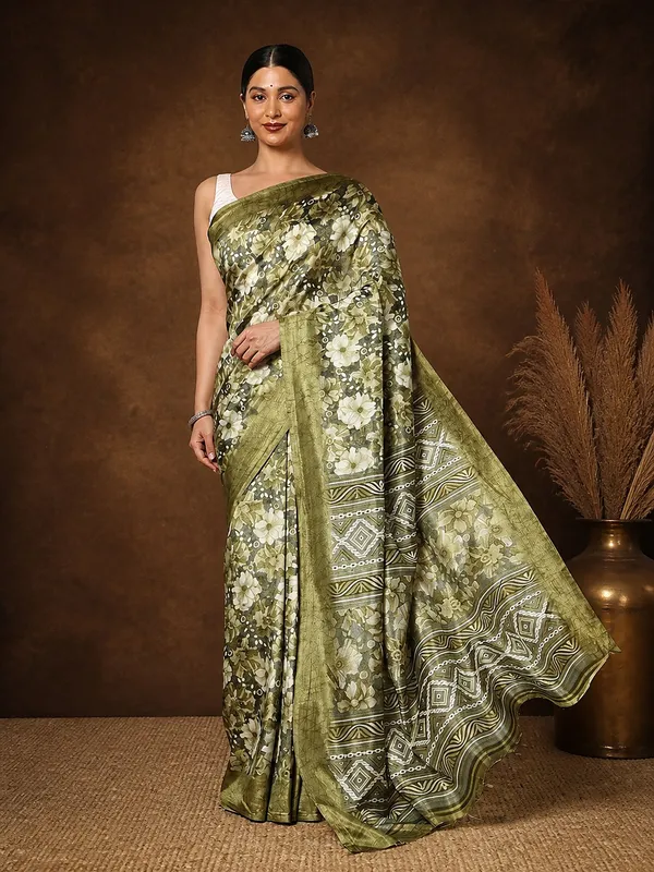 Olive_Green_Floral_&_Geometric_Kashmiri_Silk_Saree_|_Kyaari