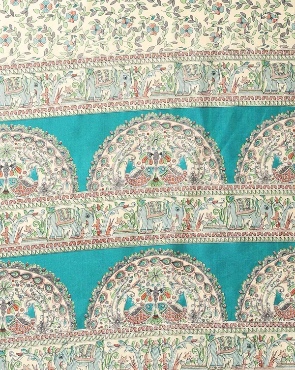 Off_White_&_Teal_Kalamkari_Printed_Kashmiri_Silk_Saree_|_Manzar