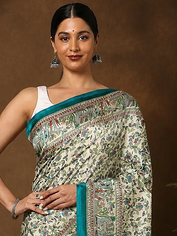 Off_White_&_Teal_Kalamkari_Printed_Kashmiri_Silk_Saree_|_Manzar