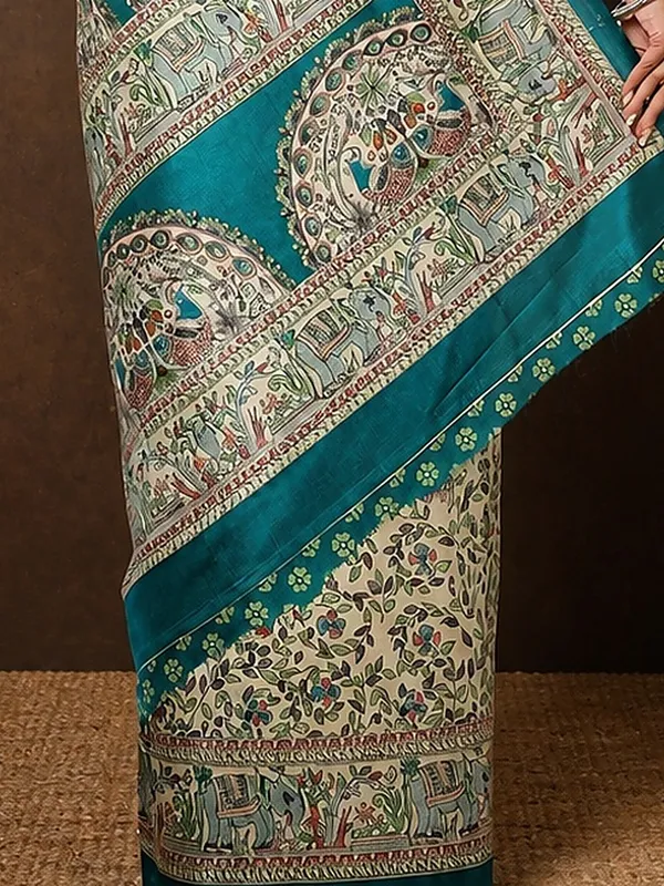 Off_White_&_Teal_Kalamkari_Printed_Kashmiri_Silk_Saree_|_Manzar