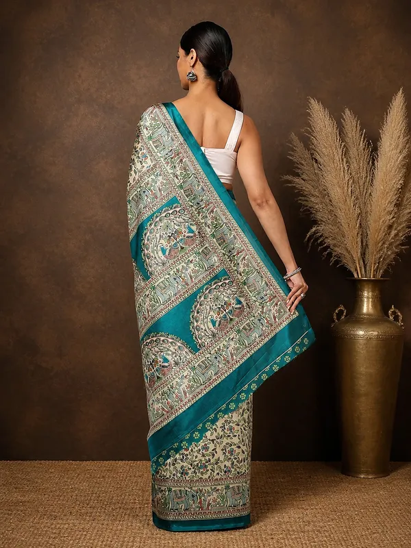 Off_White_&_Teal_Kalamkari_Printed_Kashmiri_Silk_Saree_|_Manzar