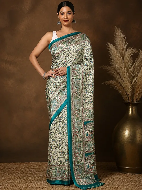 Off_White_&_Teal_Kalamkari_Printed_Kashmiri_Silk_Saree_|_Manzar