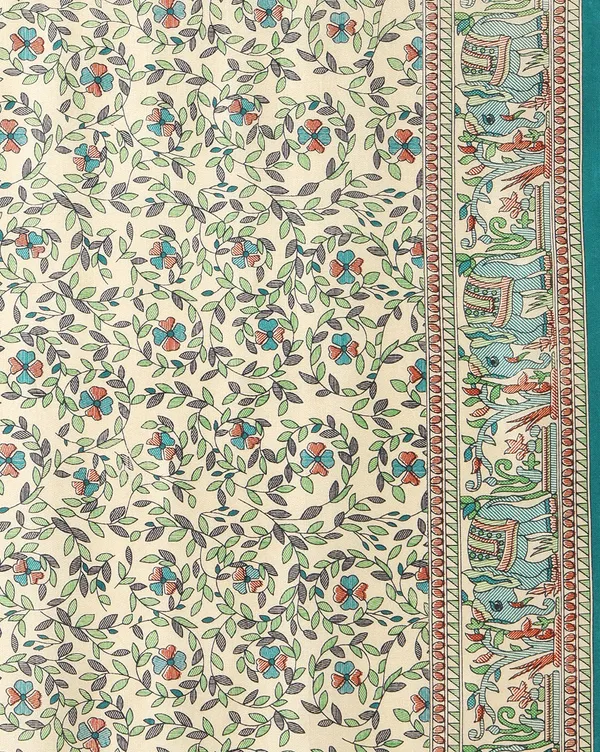 Off_White_&_Teal_Kalamkari_Printed_Kashmiri_Silk_Saree_|_Manzar
