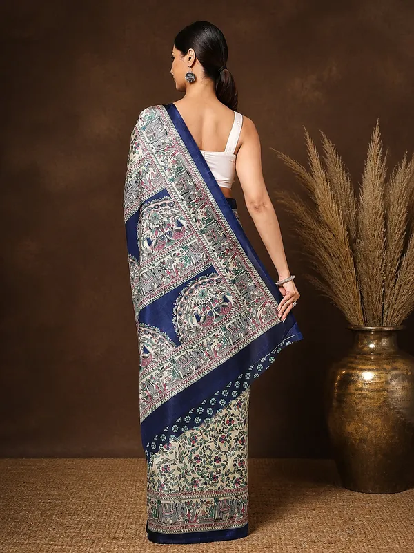 Cream_&_Navy_Figurative_Printed_Kashmiri_Silk_Saree_|_Manzar