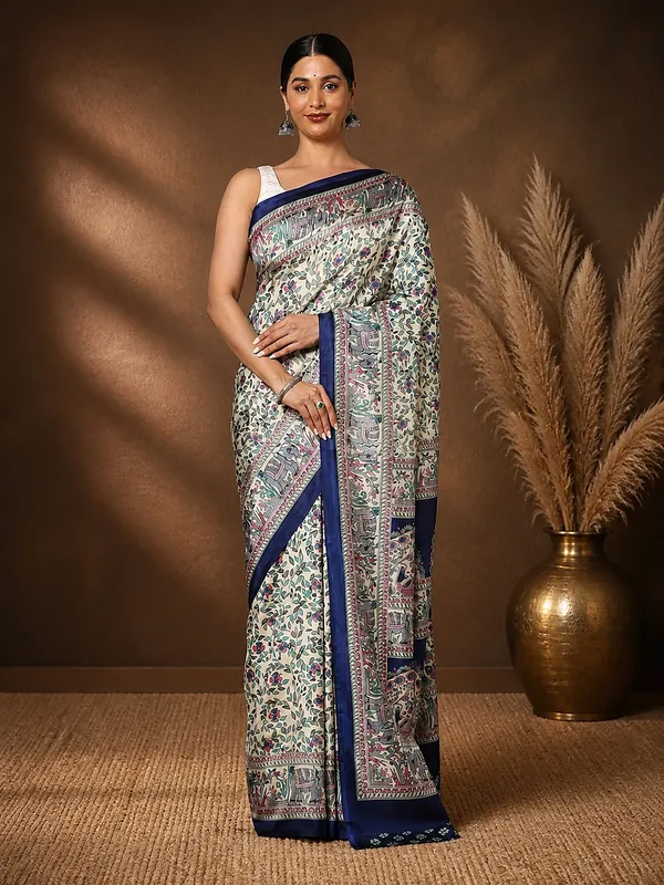 Cream_&_Navy_Figurative_Printed_Kashmiri_Silk_Saree_|_Manzar