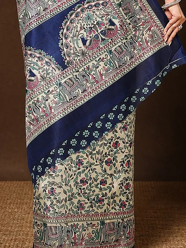 Cream_&_Navy_Figurative_Printed_Kashmiri_Silk_Saree_|_Manzar