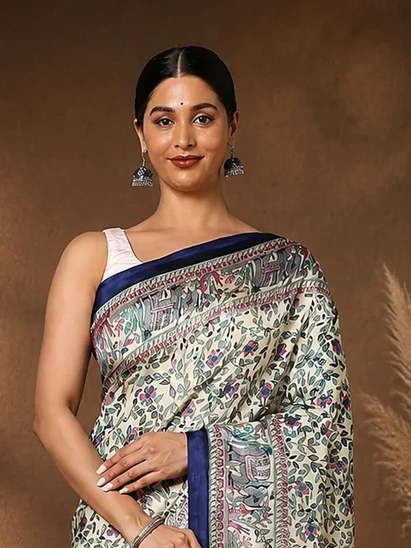 Cream_&_Navy_Figurative_Printed_Kashmiri_Silk_Saree_|_Manzar