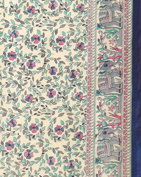 Cream_&_Navy_Figurative_Printed_Kashmiri_Silk_Saree_|_Manzar