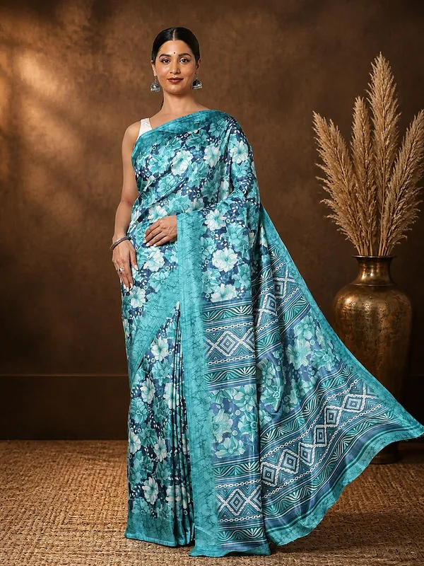 Teal_Floral_Kashmiri_Silk_Saree,_Geometric_Pallu_|_Kyaari