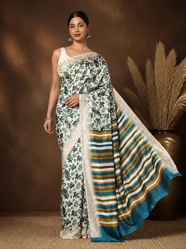 Off_White_&_Teal_Striped-Pallu_Kashmiri_Silk_Printed_Saree_|_Patjhad