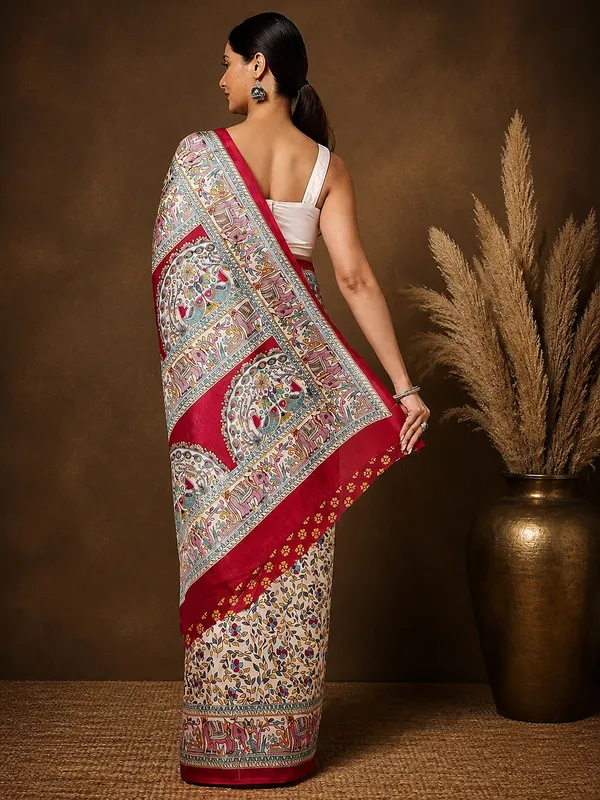 Off_White_&_Red_Elephant_Printed_Kashmiri_Silk_Saree_|_Manzar