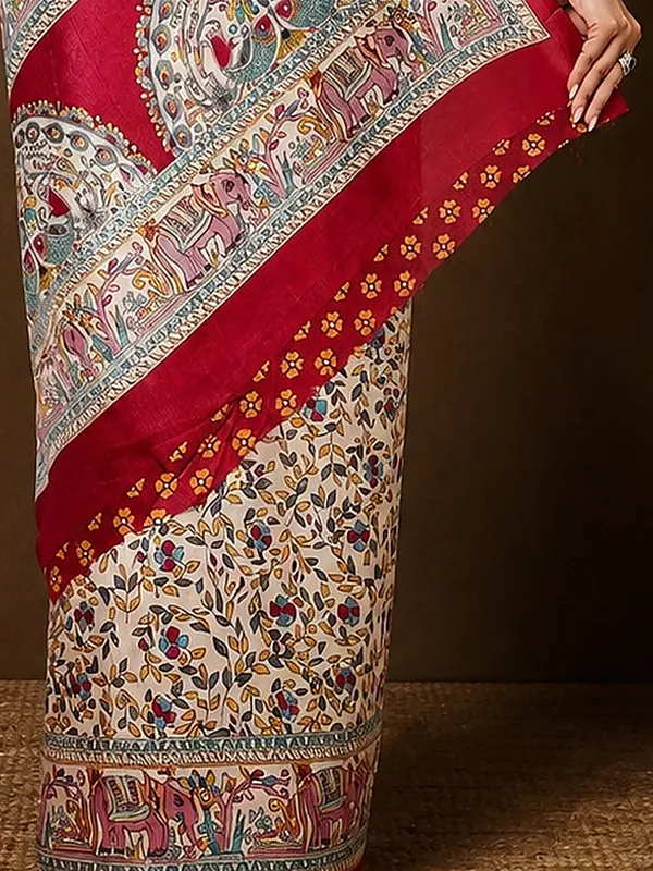 Off_White_&_Red_Elephant_Printed_Kashmiri_Silk_Saree_|_Manzar