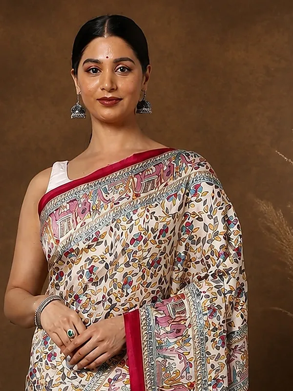 Off_White_&_Red_Elephant_Printed_Kashmiri_Silk_Saree_|_Manzar
