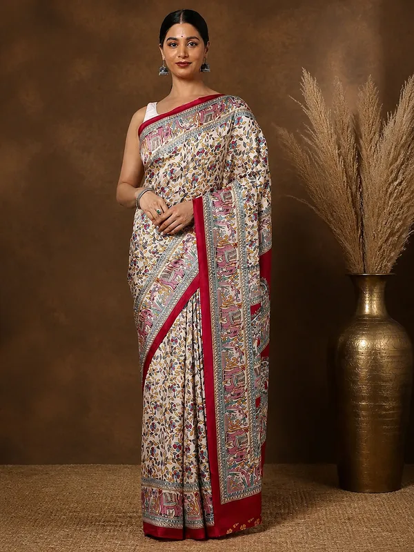 Off_White_&_Red_Elephant_Printed_Kashmiri_Silk_Saree_|_Manzar