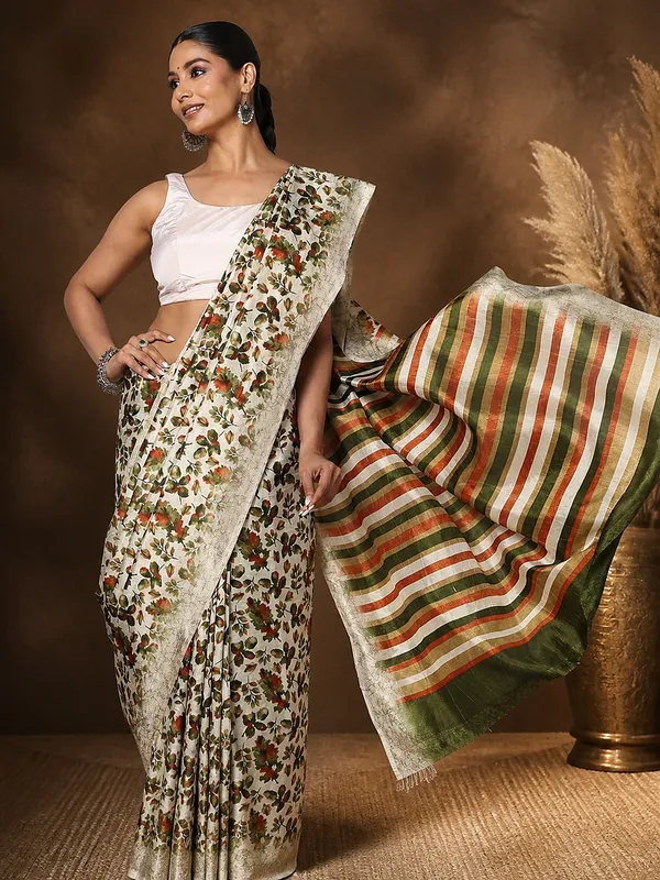 Green_&_Orange_Floral_Kashmiri_Silk_Saree,_Striped_|_Kyaari