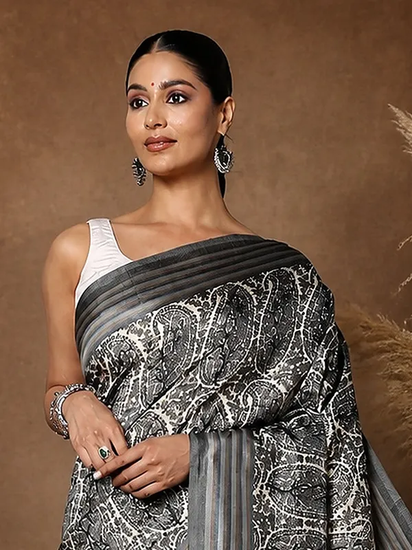 Grey_Paisley_Kashmiri_Silk_Saree,_Striped_Pallu_|_Taal