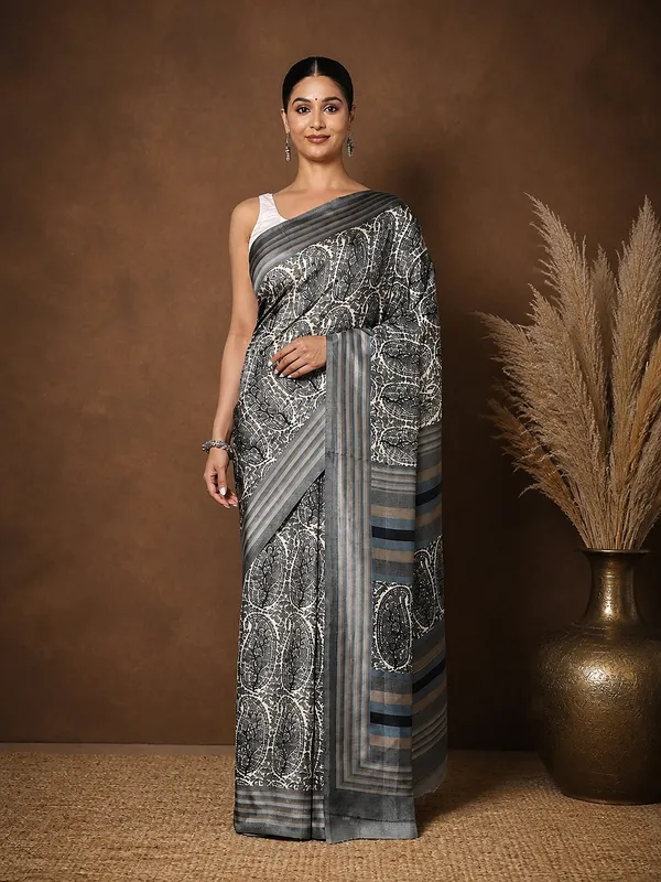 Grey_Paisley_Kashmiri_Silk_Saree,_Striped_Pallu_|_Taal