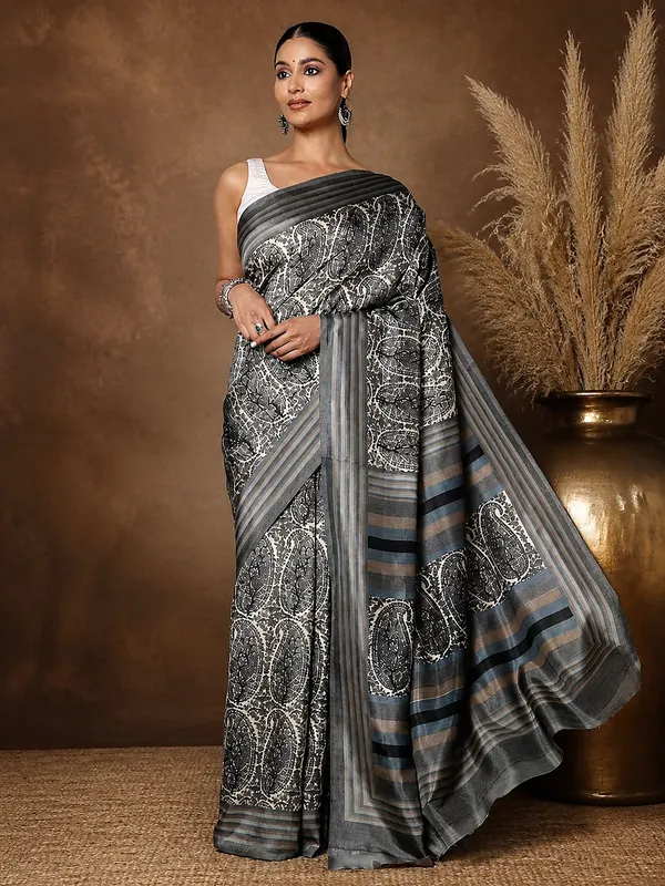Grey_Paisley_Kashmiri_Silk_Saree,_Striped_Pallu_|_Taal