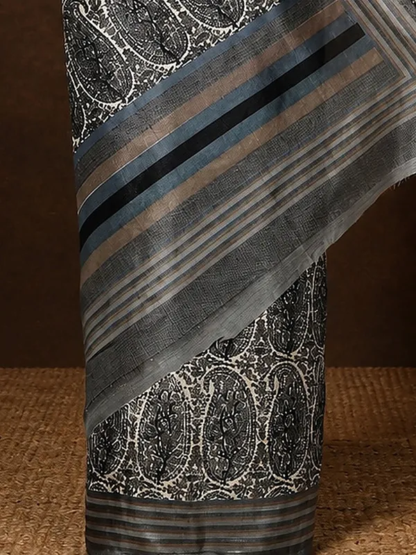 Grey_Paisley_Kashmiri_Silk_Saree,_Striped_Pallu_|_Taal