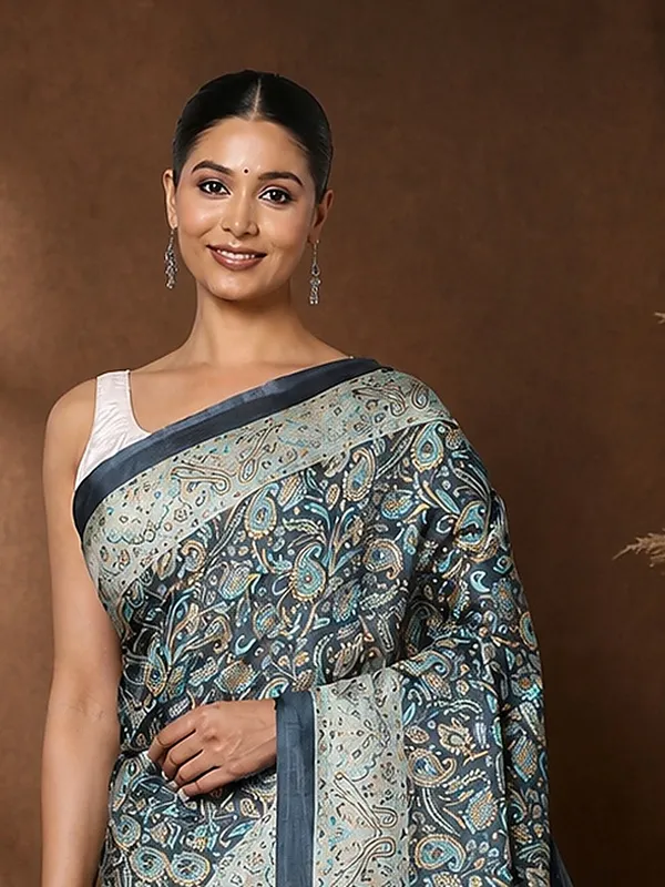 Grey_Paisley_Printed_Kashmiri_Silk_Saree_|_Silsila