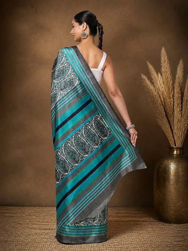 Teal_Paisley_Kashmiri_Silk_Saree,_Striped_Border_|_Taal