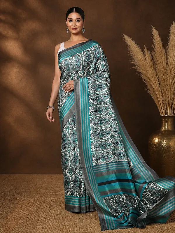 Teal_Paisley_Kashmiri_Silk_Saree,_Striped_Border_|_Taal