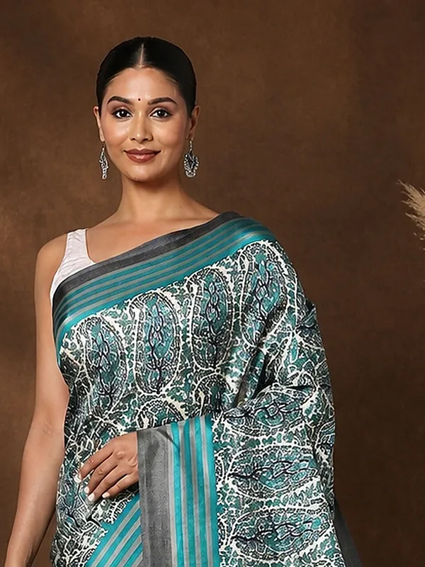 Teal_Paisley_Kashmiri_Silk_Saree,_Striped_Border_|_Taal