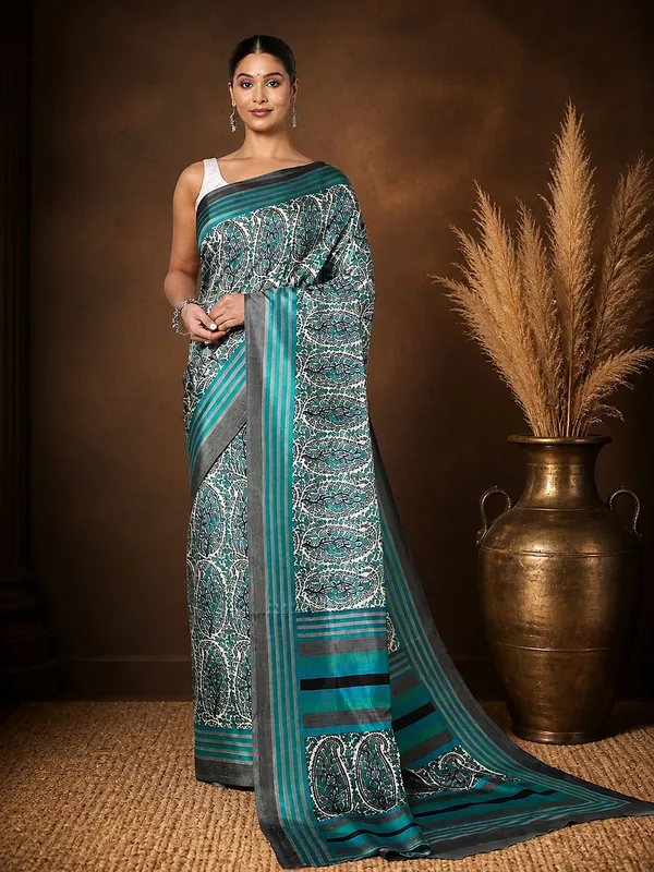 Teal_Paisley_Kashmiri_Silk_Saree,_Striped_Border_|_Taal