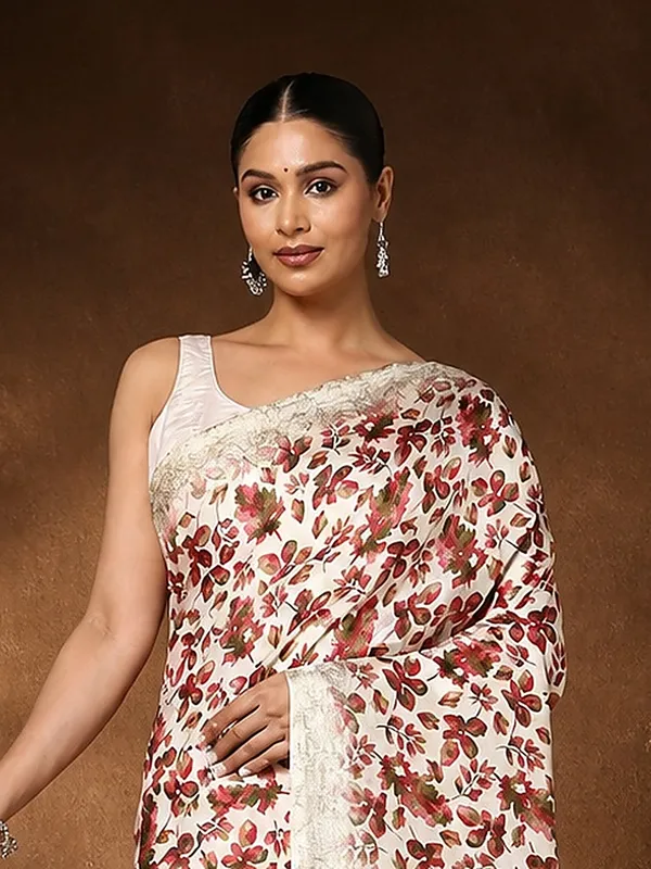 Off_White_Floral_Kashmiri_Silk_Saree,_Striped_Pallu_|_Kyaari
