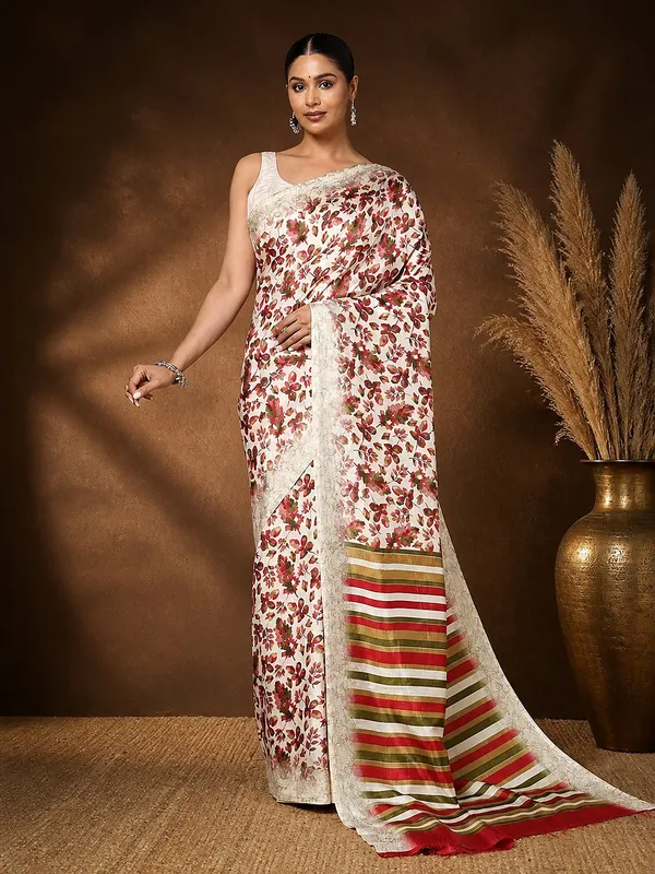 Off_White_Floral_Kashmiri_Silk_Saree,_Striped_Pallu_|_Kyaari