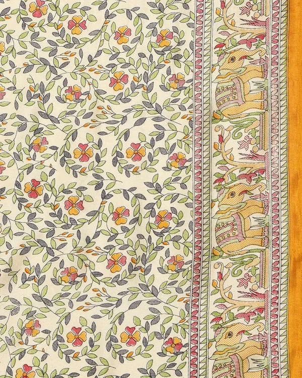 Off_White_&_Mustard_Figurative_Printed_Kashmiri_Silk_Saree_|_Manzar