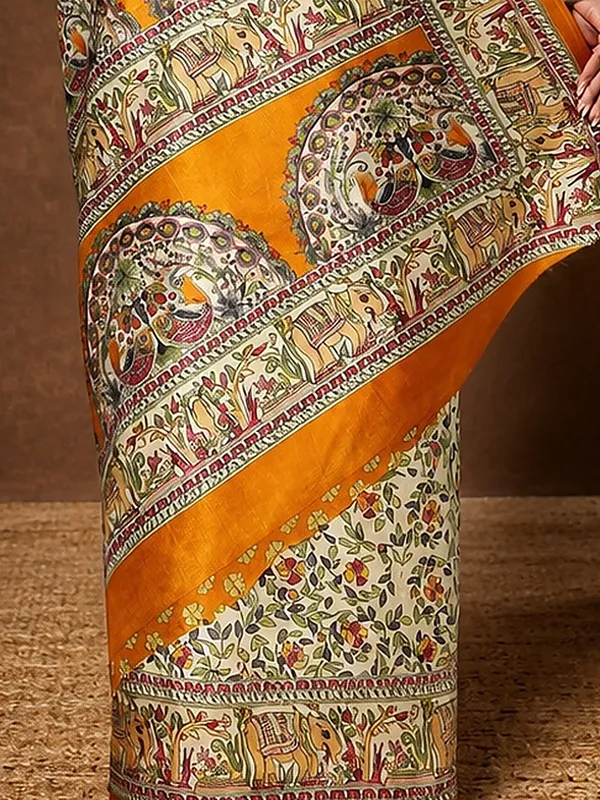 Off_White_&_Mustard_Figurative_Printed_Kashmiri_Silk_Saree_|_Manzar