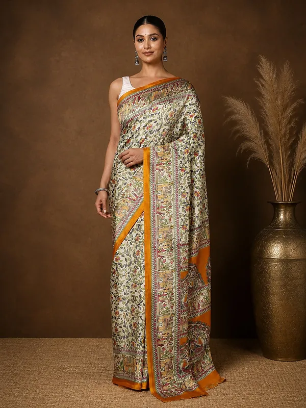 Off_White_&_Mustard_Figurative_Printed_Kashmiri_Silk_Saree_|_Manzar