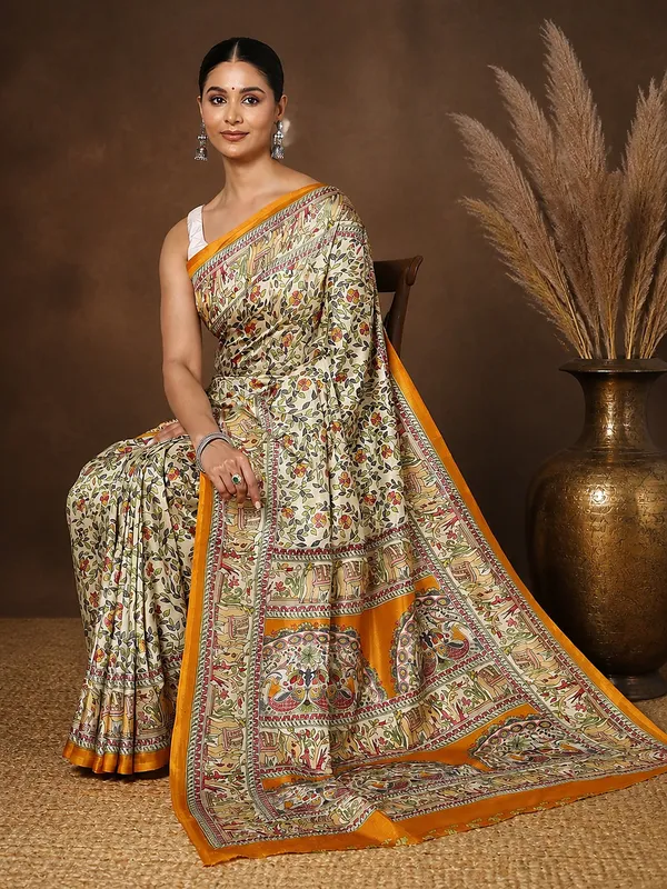 Off_White_&_Mustard_Figurative_Printed_Kashmiri_Silk_Saree_|_Manzar