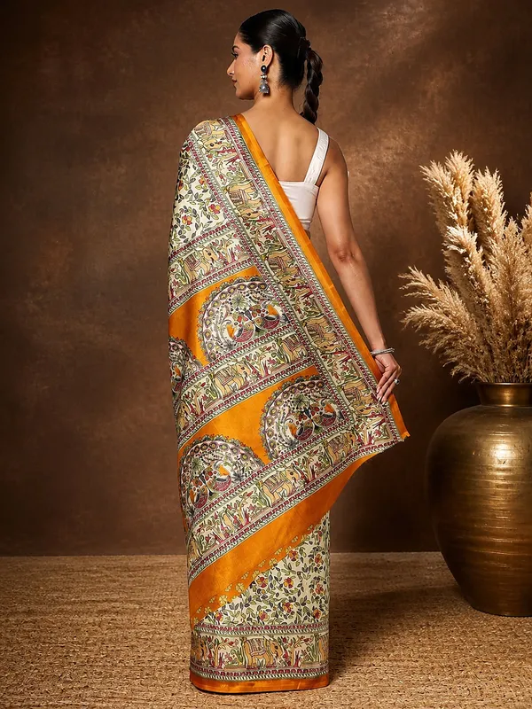 Off_White_&_Mustard_Figurative_Printed_Kashmiri_Silk_Saree_|_Manzar