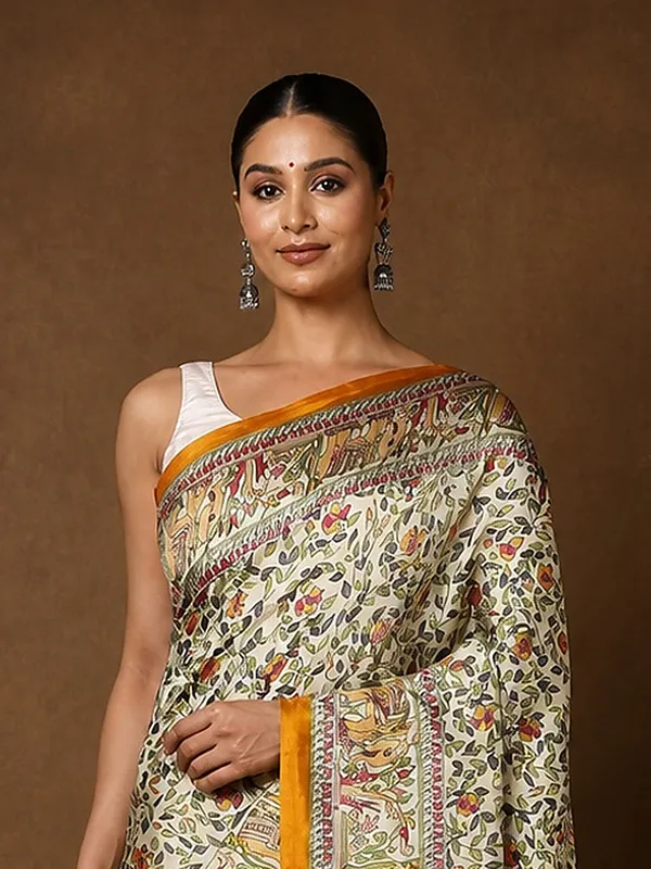 Off_White_&_Mustard_Figurative_Printed_Kashmiri_Silk_Saree_|_Manzar