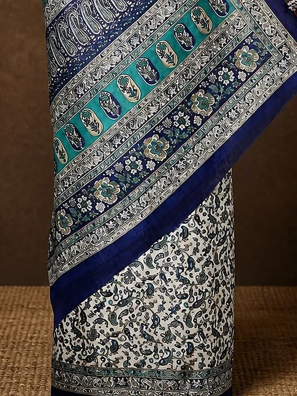 White_&_Blue_Paisley_Kashmiri_Silk_Printed_Saree_|_Manzil