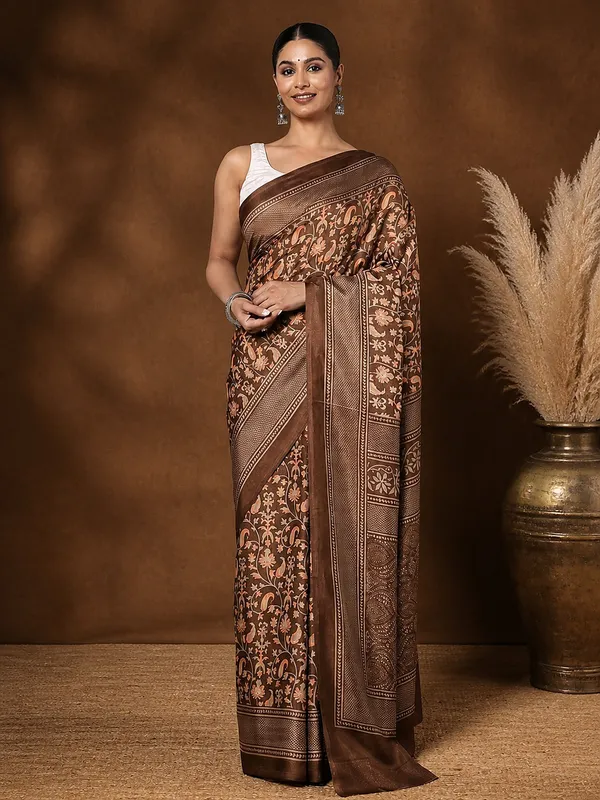 Brown_Floral_Paisley_Printed_Kashmiri_Silk_Saree_|_Silsila