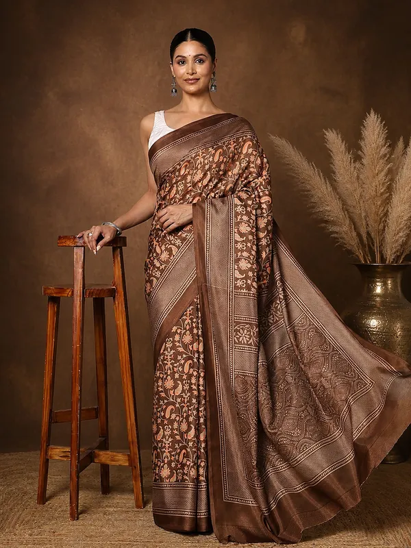 Brown_Floral_Paisley_Printed_Kashmiri_Silk_Saree_|_Silsila