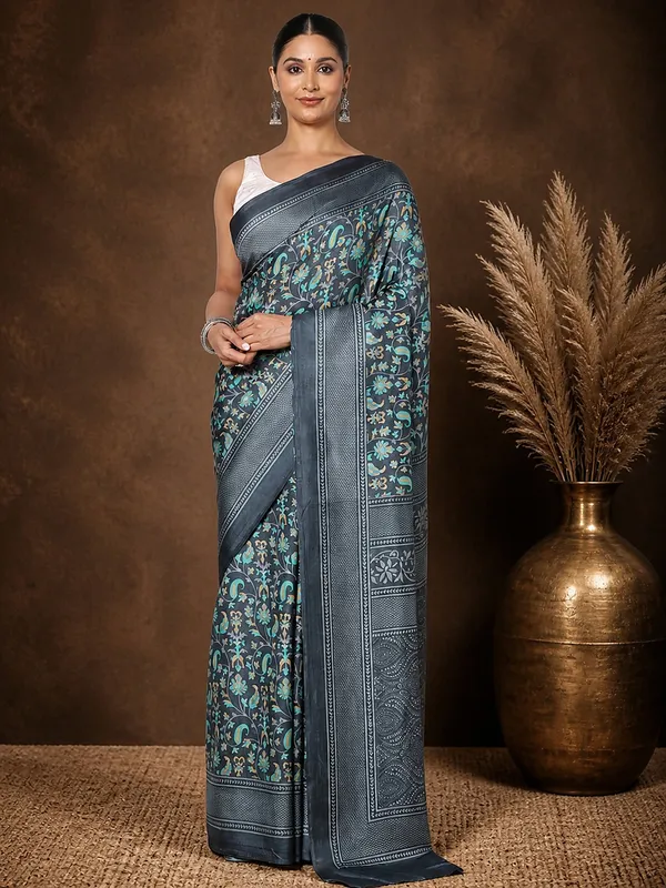 Charcoal_Paisley_Printed_Kashmiri_Silk_Saree_|_Silsila