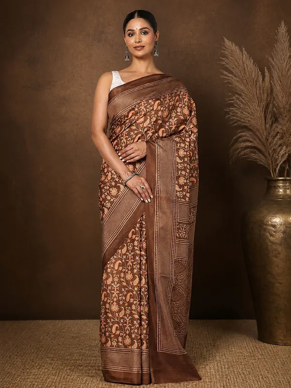 Brown_Paisley_&_Floral_Kashmiri_Silk_Printed_Saree_|_Manzil