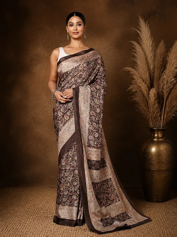 Brown_Cream_Paisley_Printed_Kashmiri_Silk_Saree_|_Silsila