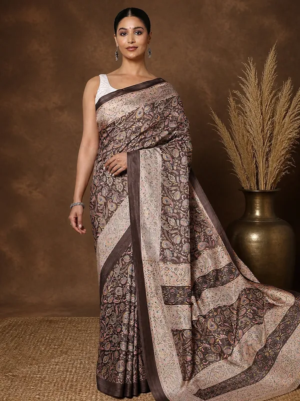 Brown_Cream_Paisley_Printed_Kashmiri_Silk_Saree_|_Silsila