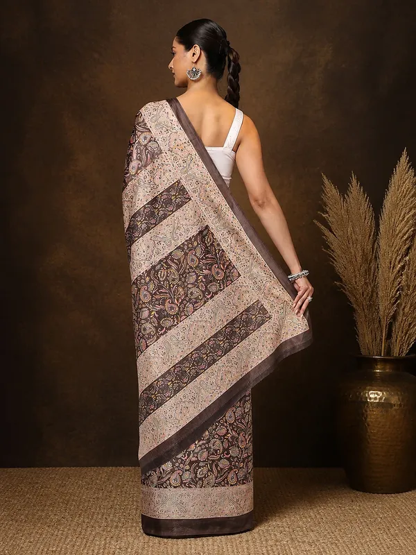 Brown_Cream_Paisley_Printed_Kashmiri_Silk_Saree_|_Silsila