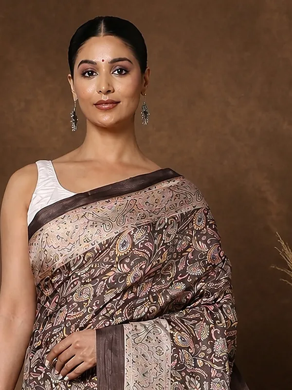 Brown_Cream_Paisley_Printed_Kashmiri_Silk_Saree_|_Silsila