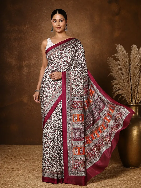 Off_White_&_Maroon_Paisley_Kashmiri_Silk_Printed_Saree_|_Manzil
