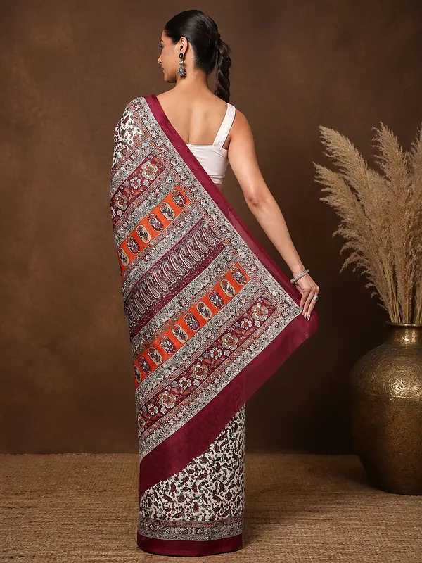 Off_White_&_Maroon_Paisley_Kashmiri_Silk_Printed_Saree_|_Manzil